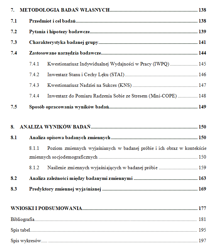 Spis treści części empirycznej: metodologia badań własnych z podziałem na narzędzia oraz analiza wyników badań