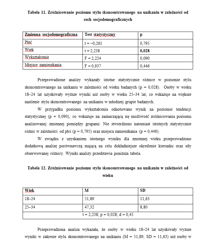 Fragment pracy: tabela porównań międzygrupowych z wartościami testu t i F oraz poziomami istotności, a pod nią tabela ze średnimi i odchyleniami w grupach wiekowych wraz z wielkością efektu