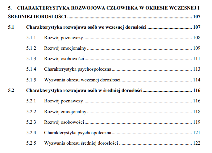Spis treści rozdziału teoretycznego o charakterystyce rozwojowej człowieka we wczesnej i średniej dorosłości
